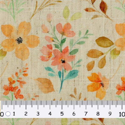 Leinen | Viskose MADEIRA | Hellbeige Blüten orange mint
