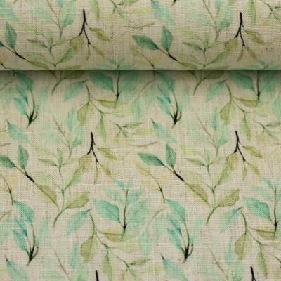 Leinen | Viskose MADEIRA | Hellbeige Blüten türkis mint