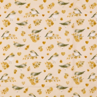 Jersey digital | Vögelchen Blumen | Beige Senf Grau